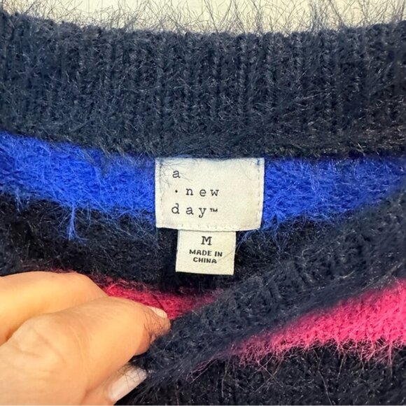 A New Day | Red Black Blue Stripe Eyelash Sweater Size Medium - Picture 7 of 8